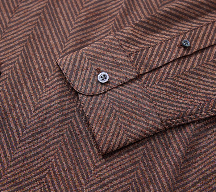 Brown Striped Cuban Collar Casual Shirt