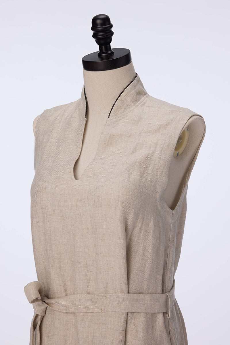 Sleeveless Tie-V Neck Linen Dress
