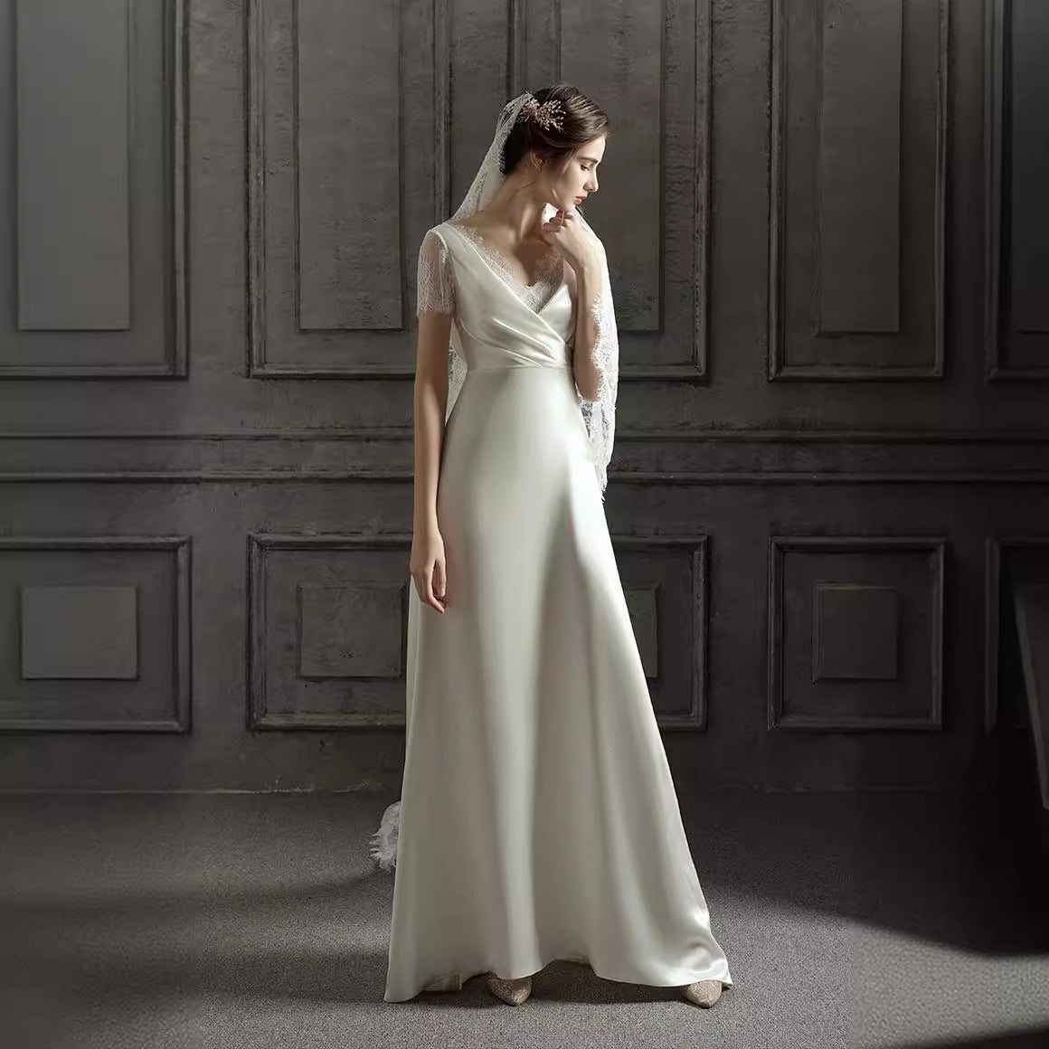 V-neck Silk Wedding Dress