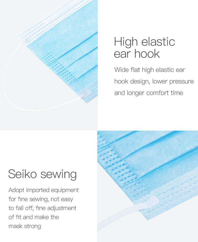 50pcs 3 Ply Disposable Face Masks Elastic Earloop