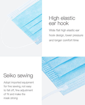 50pcs 3 Ply Disposable Face Masks Elastic Earloop